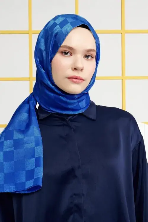Silky Jacquard Italian Hijab Checker Pattern - Sax - 1