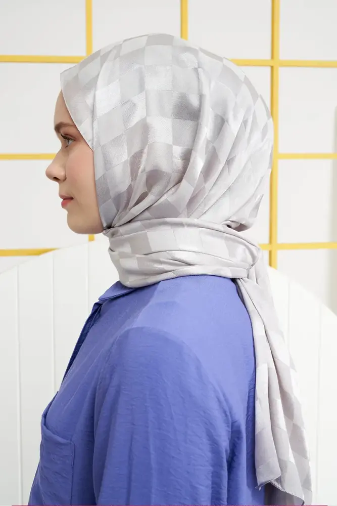 Silky Jacquard Italian Hijab Checker Pattern - Silver - 3