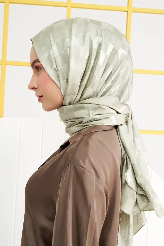 Silky Jacquard Italian Hijab Checker Pattern - Soft Green - 3