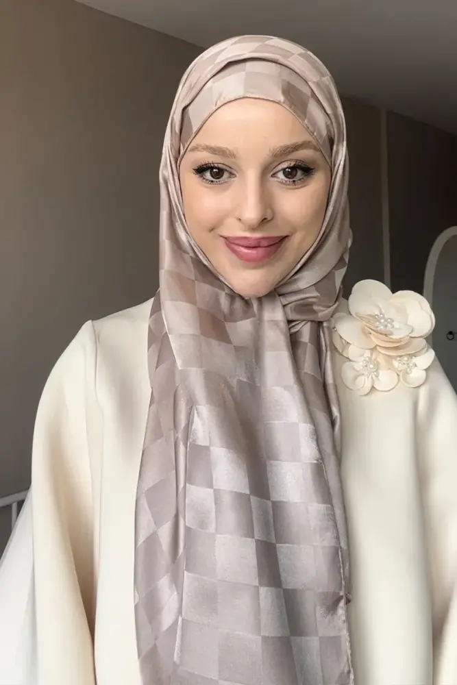 Silky Jacquard Italian Hijab Checker Pattern - Stone - 1