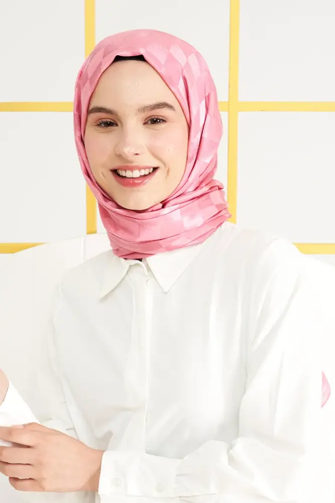 Silky Jacquard Italian Hijab Checker Pattern - Sweet Pink - 2