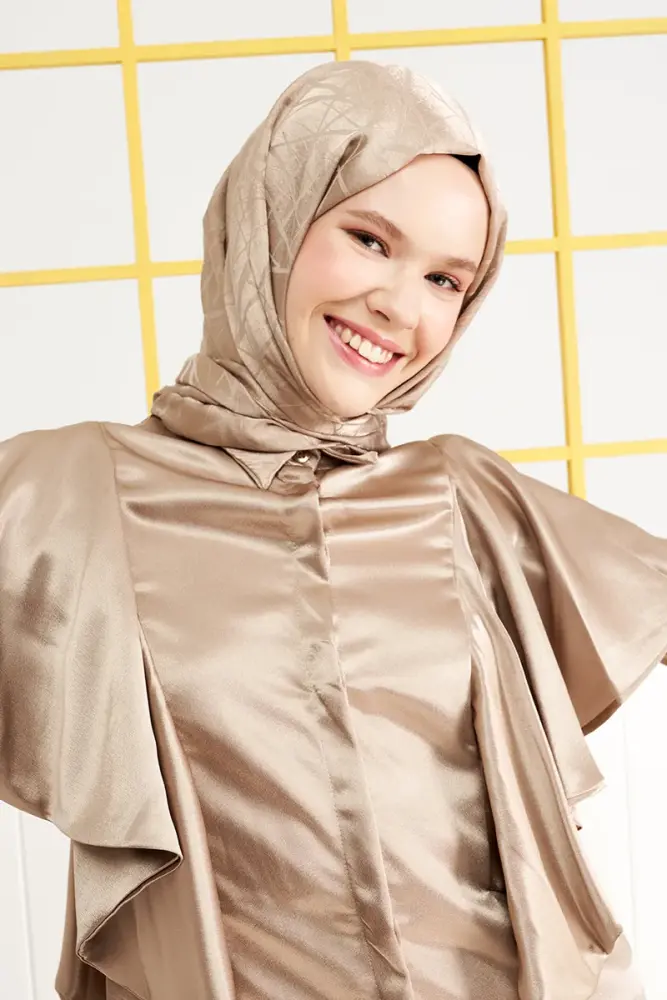Silky Jacquard Italian Hijab Line Pattern - Dark Beige - 3