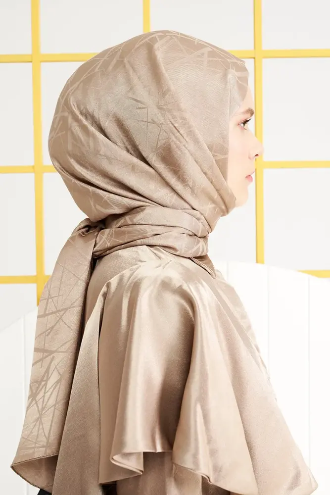 Silky Jacquard Italian Hijab Line Pattern - Dark Beige - 4