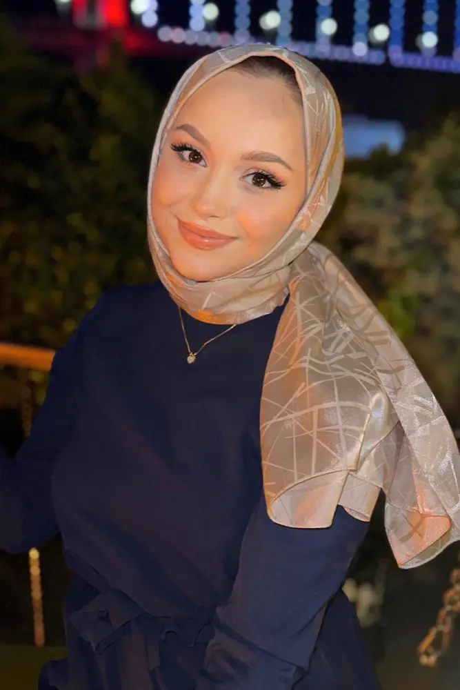 Silky Jacquard Italian Hijab Line Pattern - Dark Beige - 1