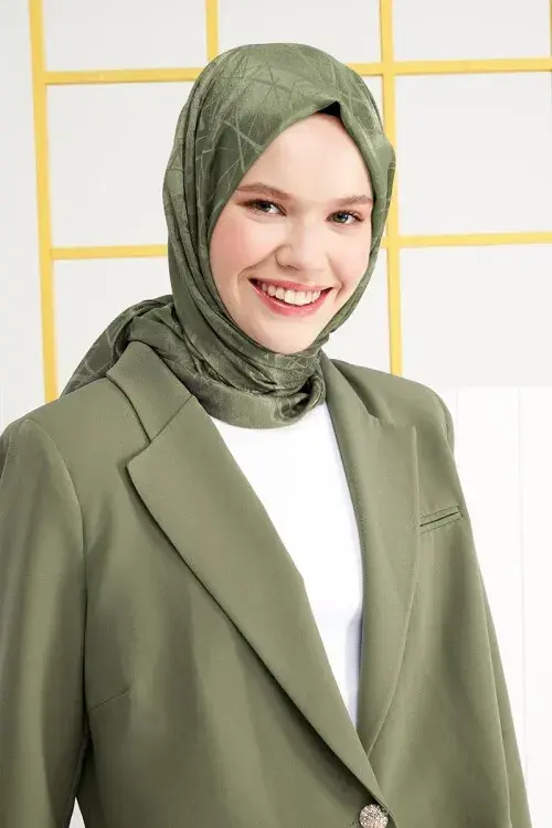 Silky Jacquard Italian Hijab Line Pattern - Olive - 2