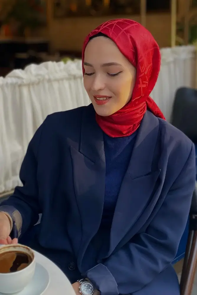 Silky Jacquard Italian Hijab Line Pattern - Red - 1