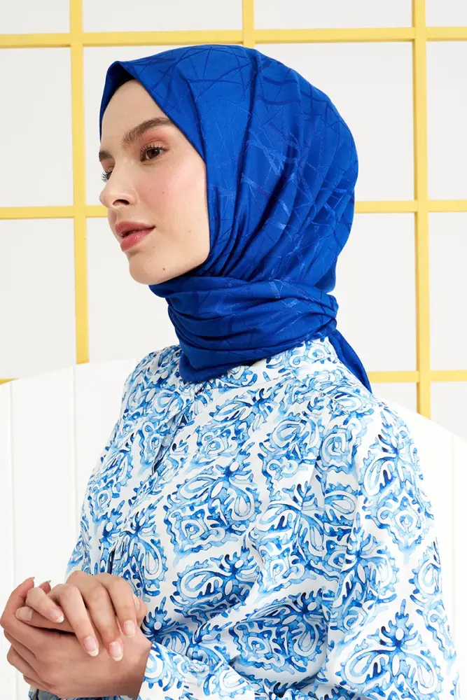 Silky Jacquard Italian Hijab Line Pattern - Sax - 4