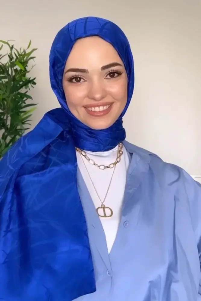 Silky Jacquard Italian Hijab Line Pattern - Sax - 1
