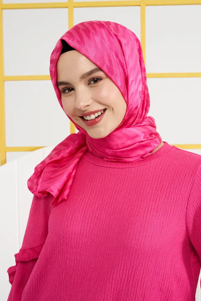 Silky Jacquard Italian Hijab Origami Pattern - Barbie Pink - 1