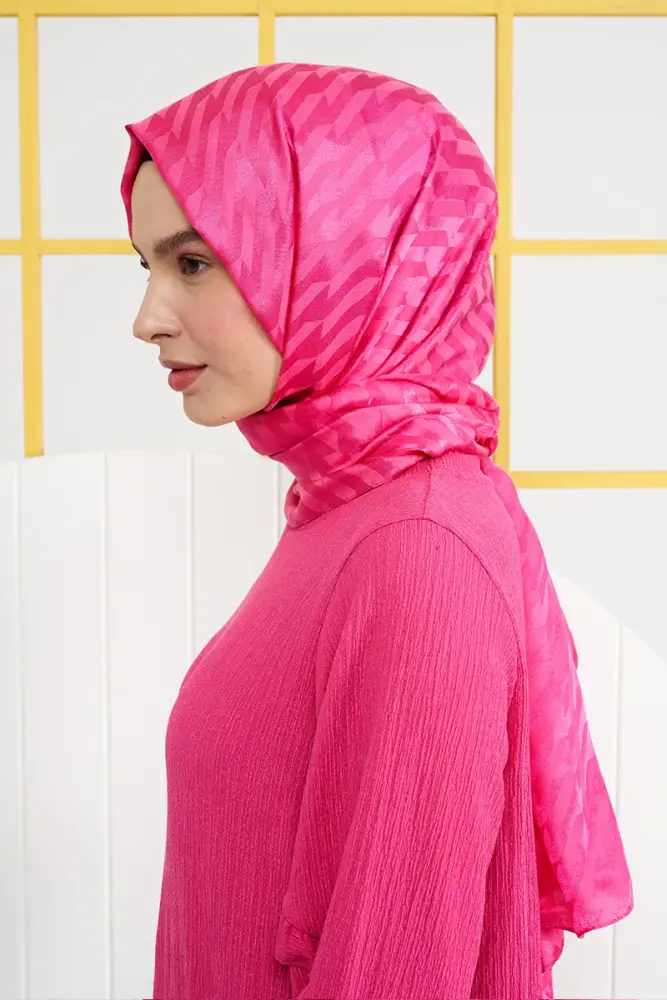 Silky Jacquard Italian Hijab Origami Pattern - Barbie Pink - 3