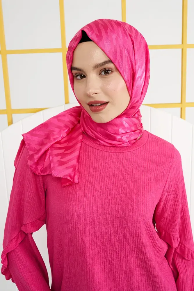 Silky Jacquard Italian Hijab Origami Pattern - Barbie Pink - 2