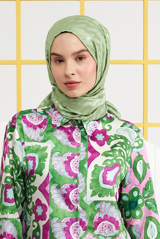 Silky Jacquard Italian Hijab Origami Pattern - Sage - 1
