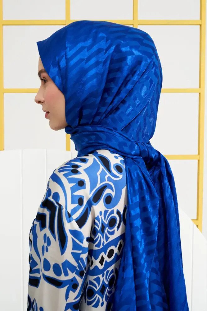 Silky Jacquard Italian Hijab Origami Pattern - Sax - MADAME POLO