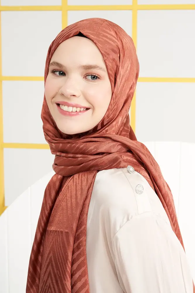 Silky Jacquard Italian Hijab Zigzag Pattern - Copper - 2