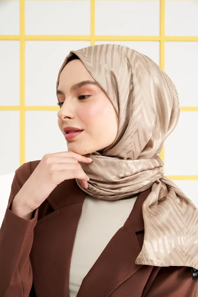 Silky Jacquard Italian Hijab Zigzag Pattern - Dark Beige - 1