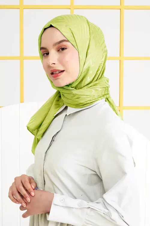 Silky Jacquard Italian Hijab Zigzag Pattern - Lime - 1