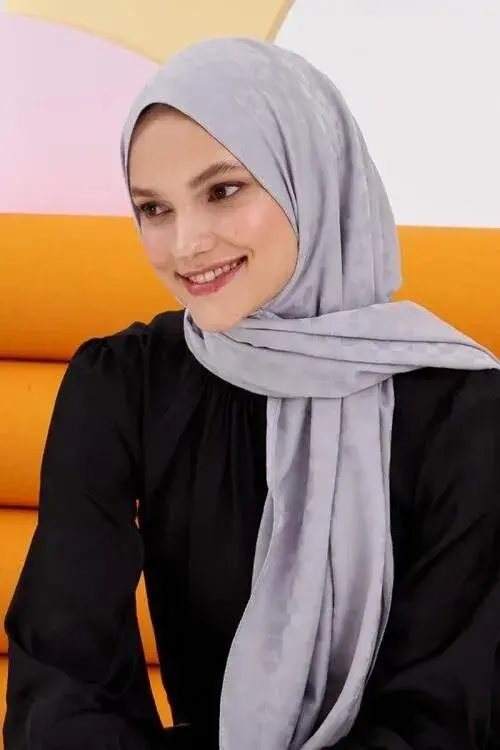 Silky Jacquard Lara Hijab Block Pattern - Gray - 2