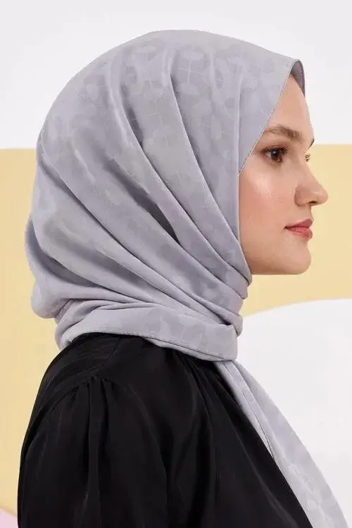 Silky Jacquard Lara Hijab Block Pattern - Gray - 3
