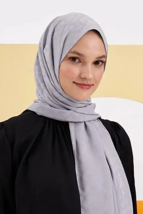 Silky Jacquard Lara Hijab Block Pattern - Gray - 4
