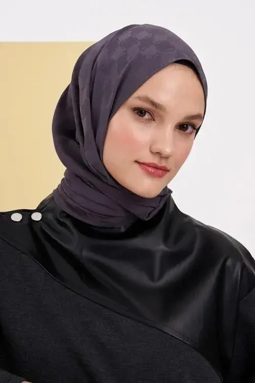 Silky Jacquard Lara Hijab Checker Pattern - Anthracite - 3