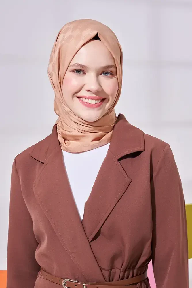 Silky Jacquard Lara Hijab Checker Pattern - Camel - MADAME POLO