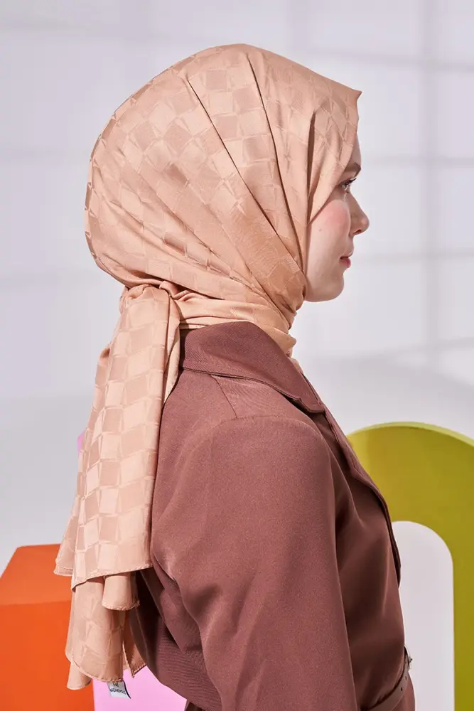 Silky Jacquard Lara Hijab Checker Pattern - Camel - 2