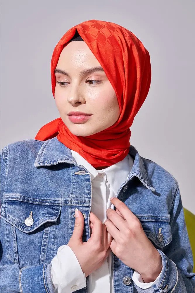 Silky Jacquard Lara Hijab Checker Pattern - Coral - MADAME POLO