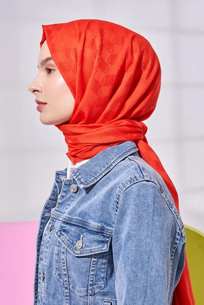 Silky Jacquard Lara Hijab Checker Pattern - Coral - MADAME POLO