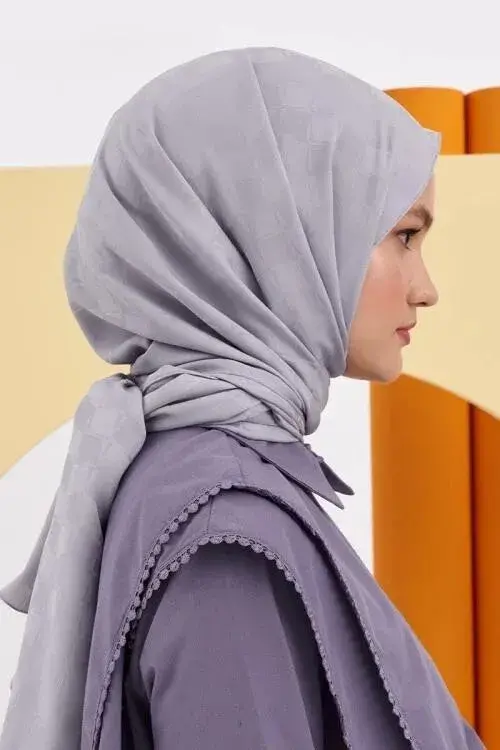 Silky Jacquard Lara Hijab Checker Pattern - Gray - 2