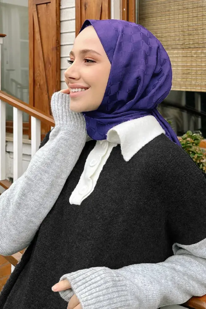 Silky Jacquard Lara Hijab Checker Pattern - Metallic Purple - 1