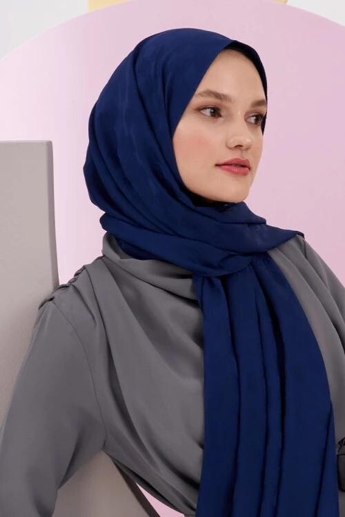 Silky Jacquard Lara Hijab Checker Pattern - Navy Blue - 3