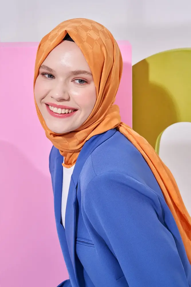 Silky Jacquard Lara Hijab Checker Pattern - Orange - 1
