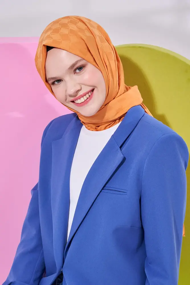 Silky Jacquard Lara Hijab Checker Pattern - Orange - 2