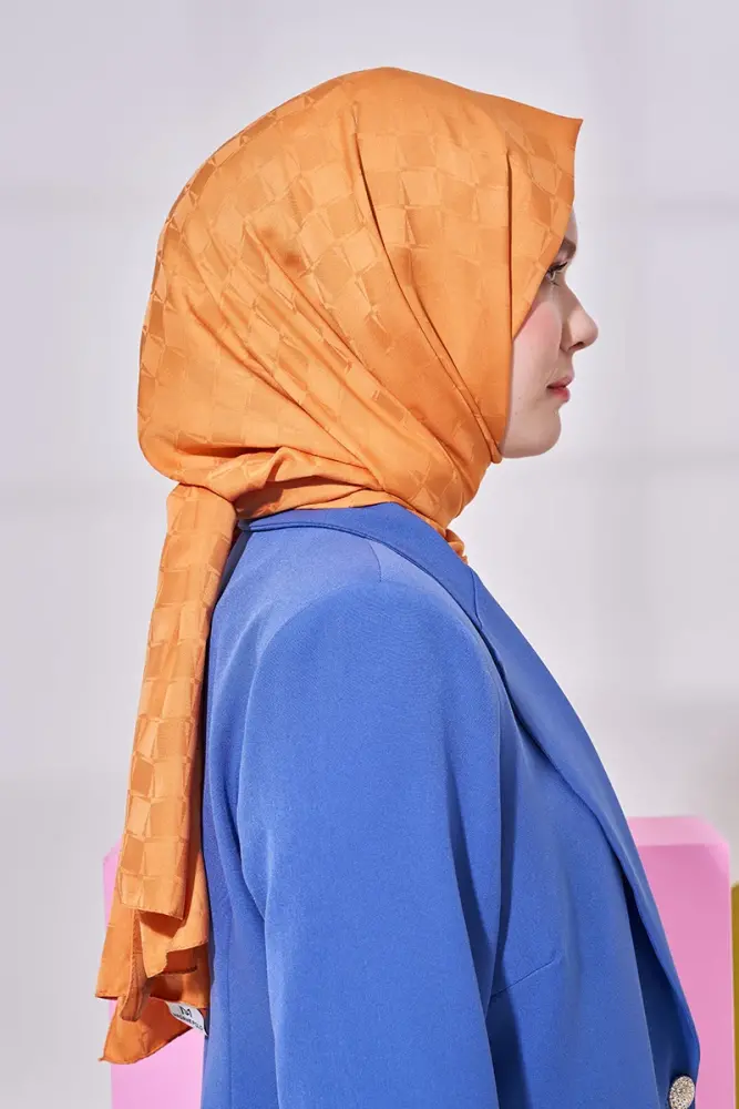 Silky Jacquard Lara Hijab Checker Pattern - Orange - 3