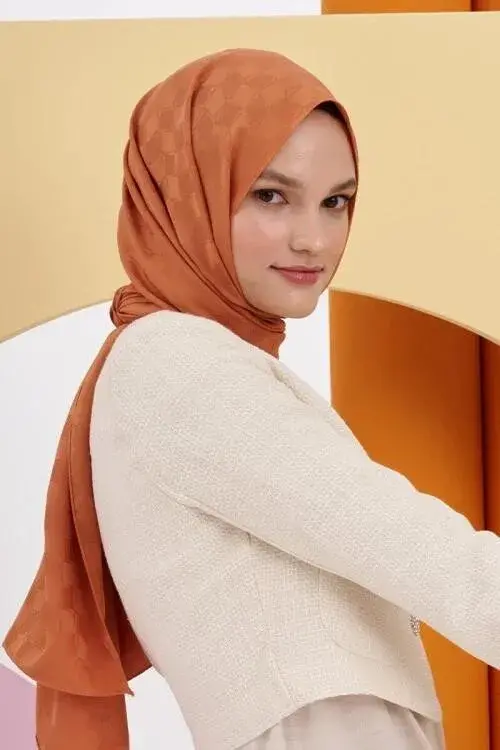 Silky Jacquard Lara Hijab Checker Pattern - Peach - 3