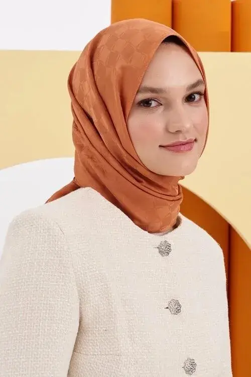 Silky Jacquard Lara Hijab Checker Pattern - Peach - 2