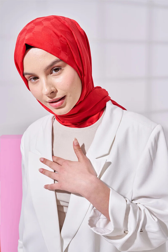 Silky Jacquard Lara Hijab Checker Pattern - Red - MADAME POLO