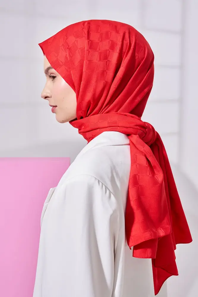 Silky Jacquard Lara Hijab Checker Pattern - Red - 3