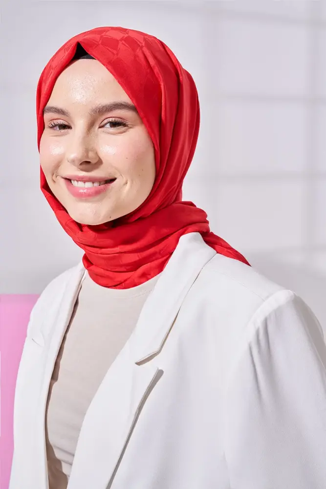 Silky Jacquard Lara Hijab Checker Pattern - Red - 4