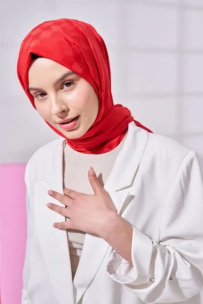 Silky Jacquard Lara Hijab Checker Pattern - Red - 1