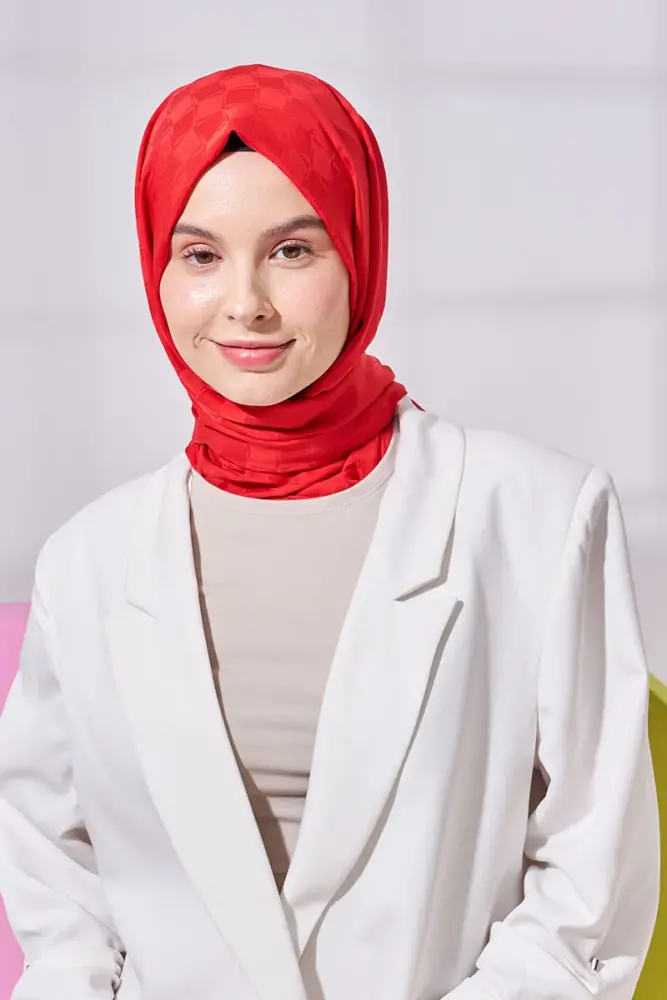 Silky Jacquard Lara Hijab Checker Pattern - Red - 2
