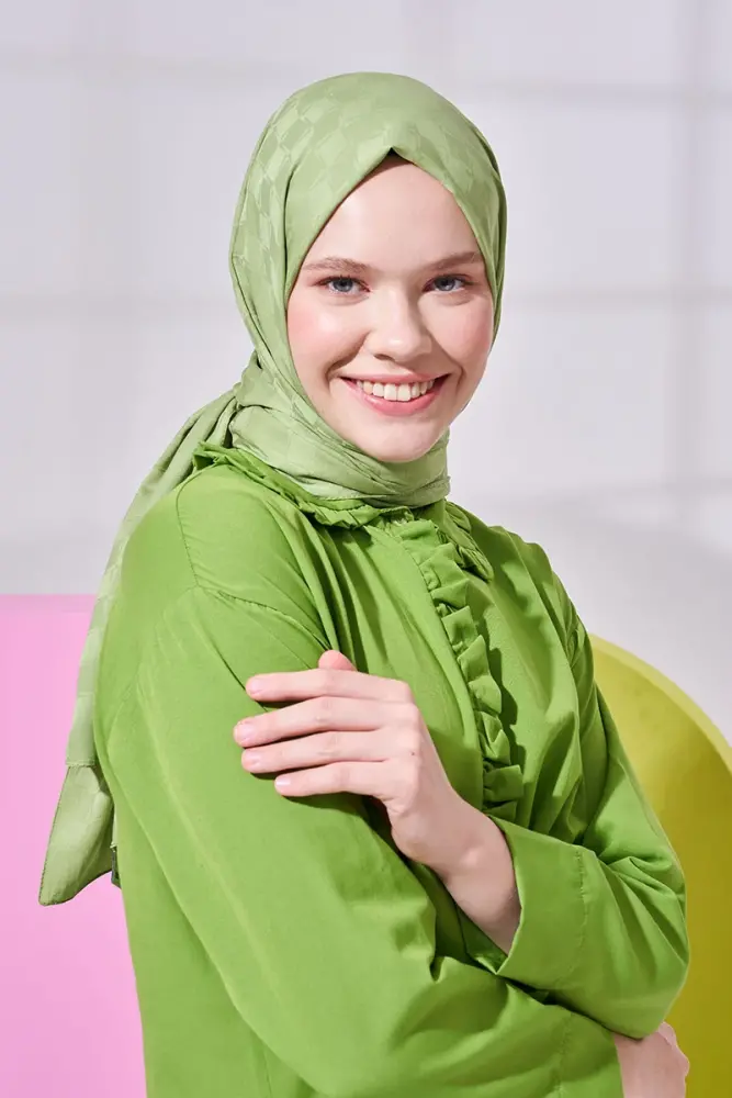 Silky Jacquard Lara Hijab Checker Pattern - Sage - 3