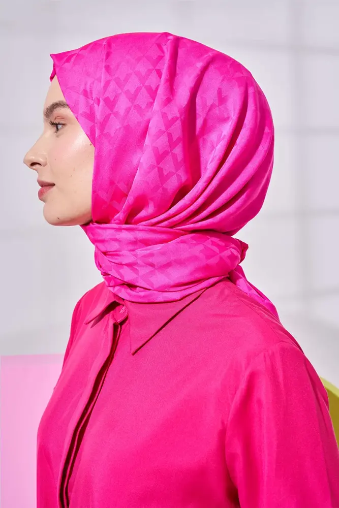Silky Jacquard Lara Hijab Geometric Pattern - Barbie Pink - 1