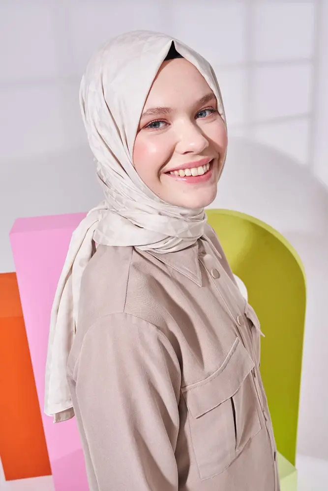 Silky Jacquard Lara Hijab Geometric Pattern - Beige - 1