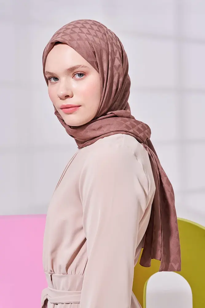 Silky Jacquard Lara Hijab Geometric Pattern - Brown - 3