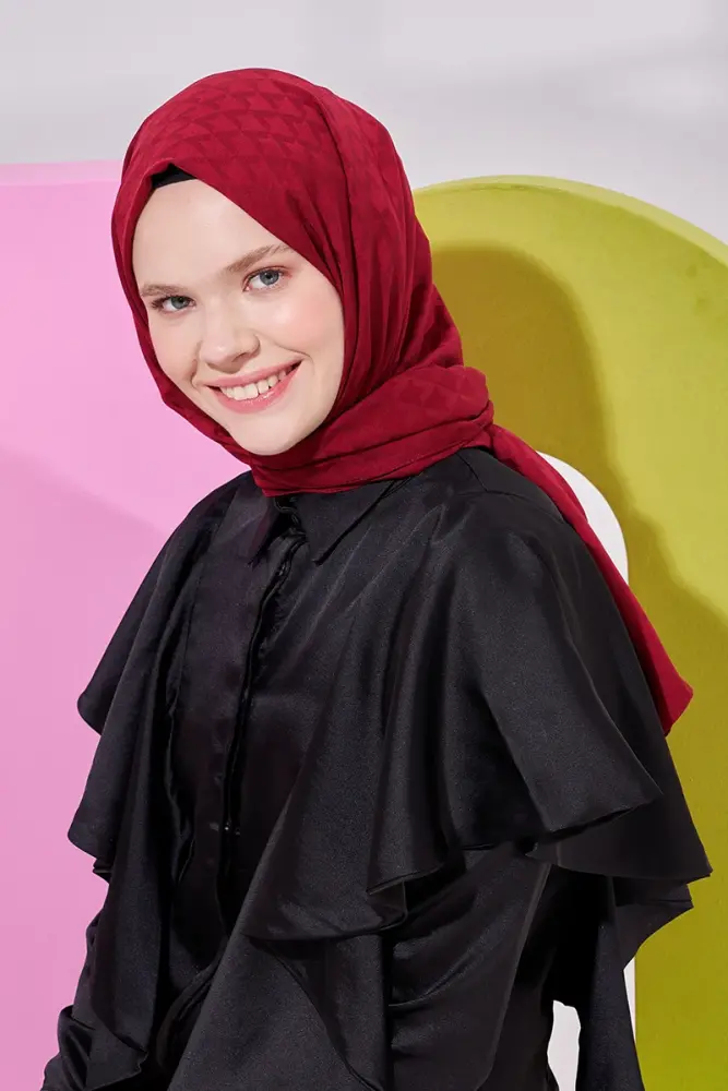 Silky Jacquard Lara Hijab Geometric Pattern - Claret Red - 3