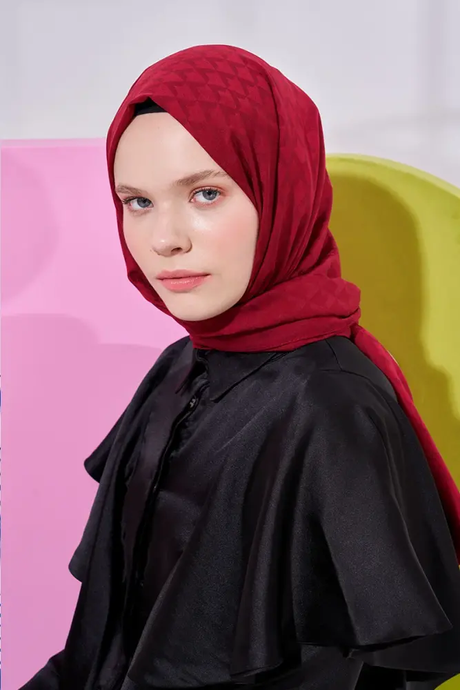 Silky Jacquard Lara Hijab Geometric Pattern - Claret Red - 4