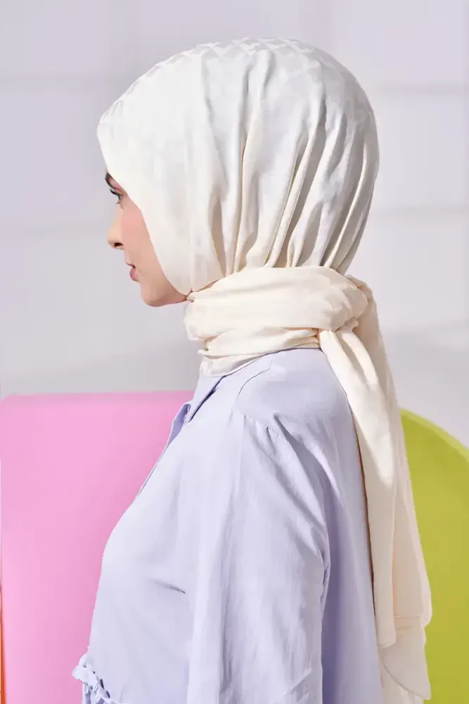 Silky Jacquard Lara Hijab Geometric Pattern - Cream - MADAME POLO