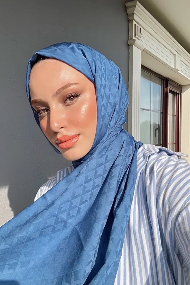 Silky Jacquard Lara Hijab Geometric Pattern - Denim Blue - 1