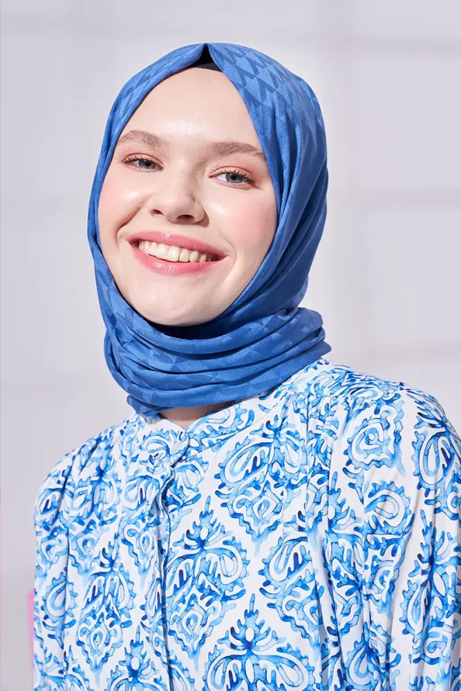 Silky Jacquard Lara Hijab Geometric Pattern - Denim Blue - 2